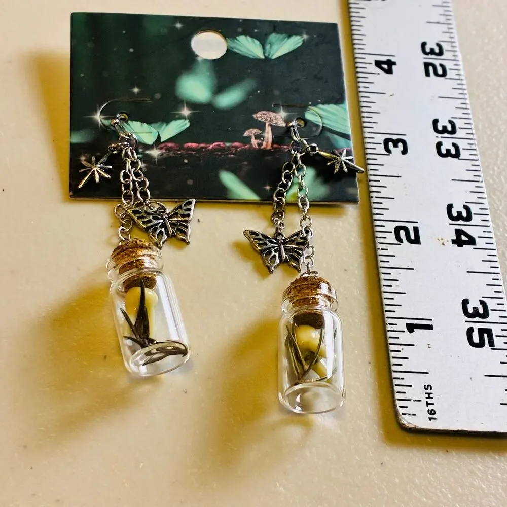 Fairy Bottle Dangle Earrings Glass Vial Butterfly Mushroom Cottagecore Gothic